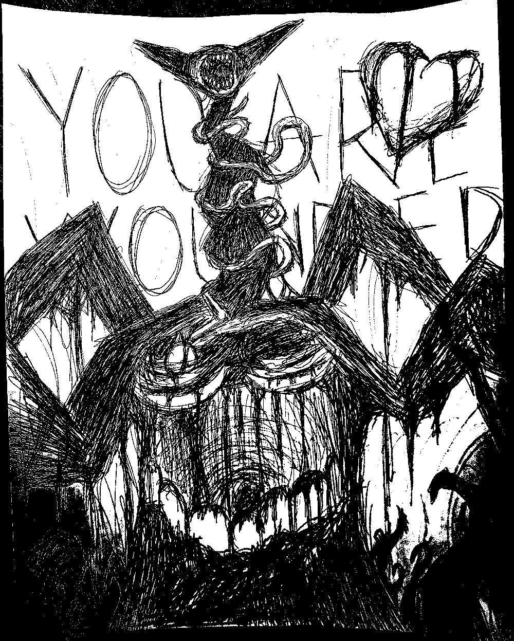 an impossibly large figure made from cords and tattered corpses. there is a heart in the top right. the text in the background says, you are wounded.
